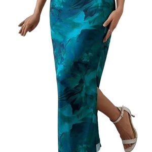 Women's Floral Midi Fall Skirt Mesh Slit Split Long Maxi Skirts Women Outfit